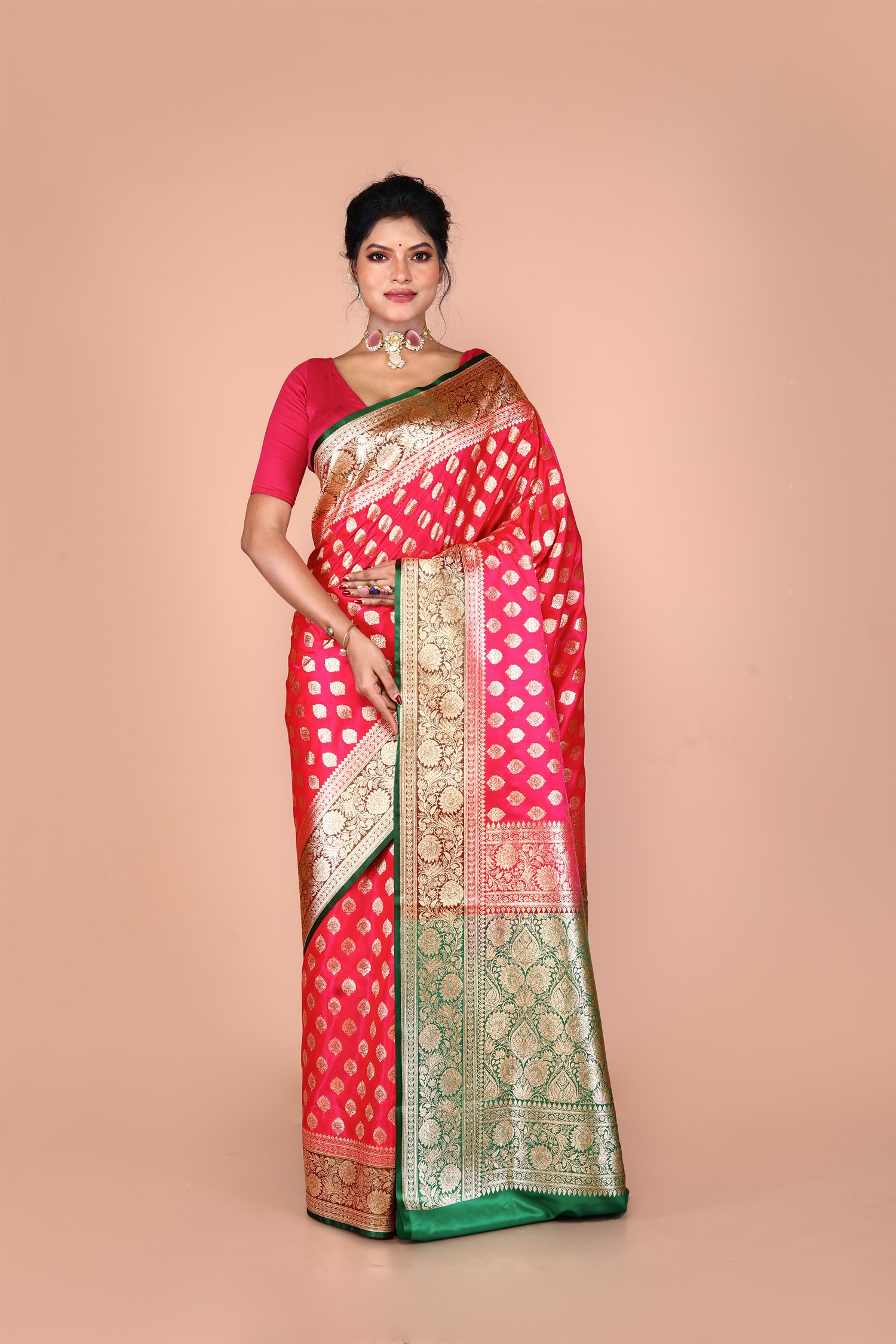 Pink-Green Banarasi Blended Silk Saree with Zari work