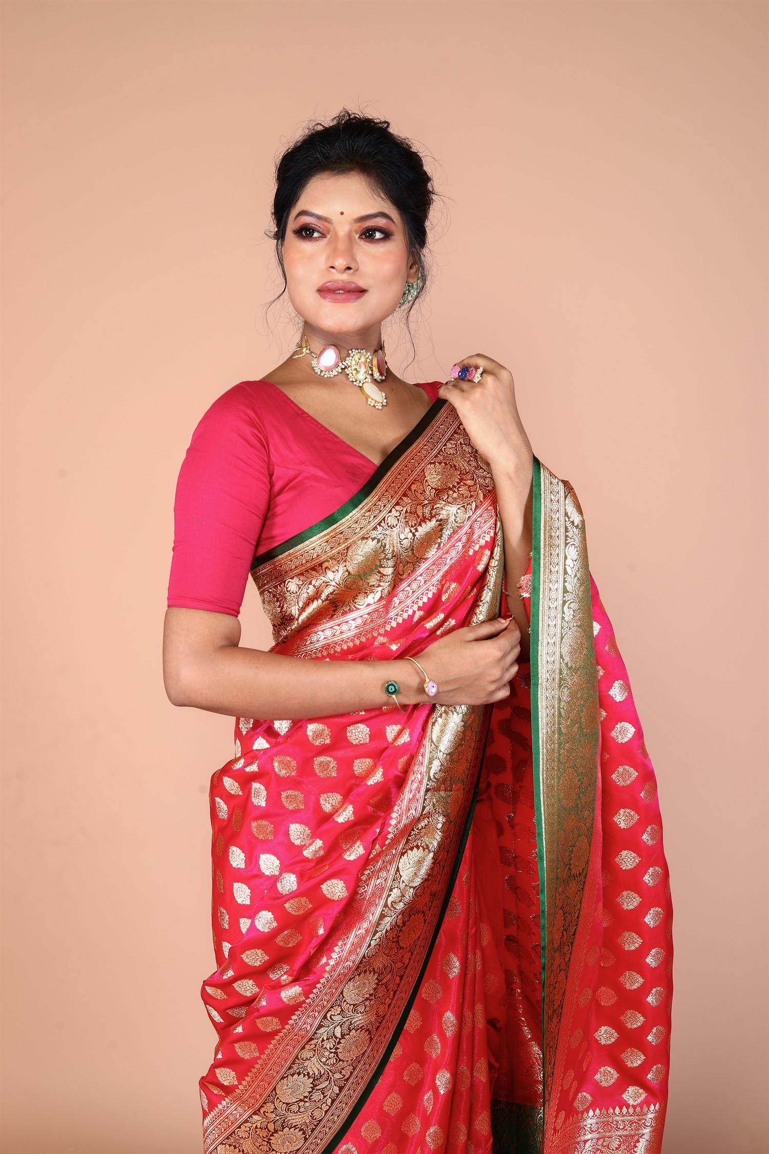 Pink-Green Banarasi Blended Silk Saree with Zari work
