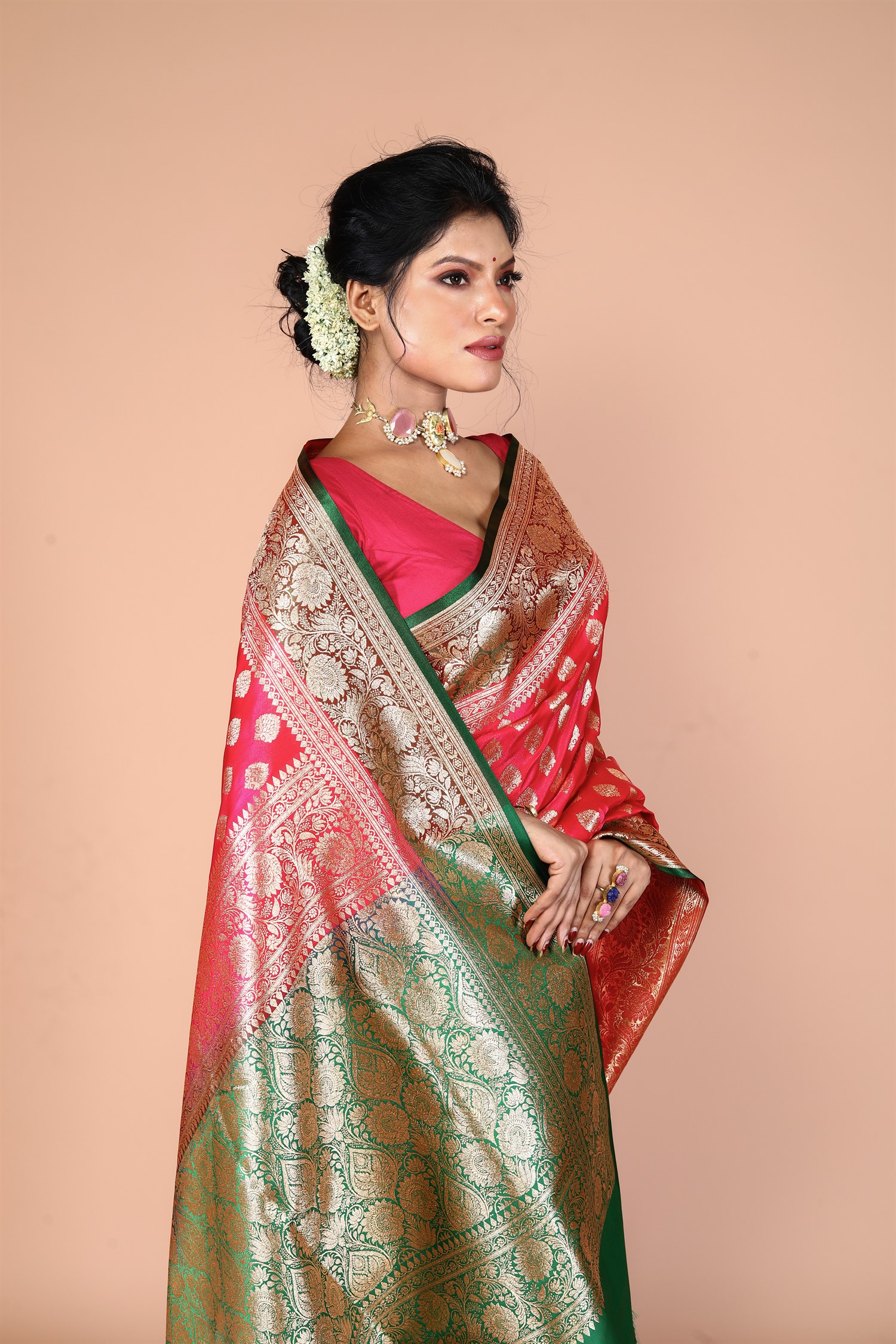 Pink-Green Banarasi Blended Silk Saree with Zari work