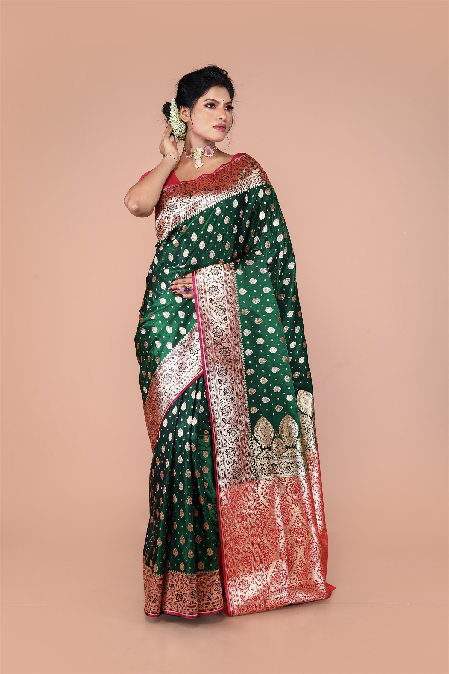 Green-Red Banarasi Blended Silk Saree with Zari work