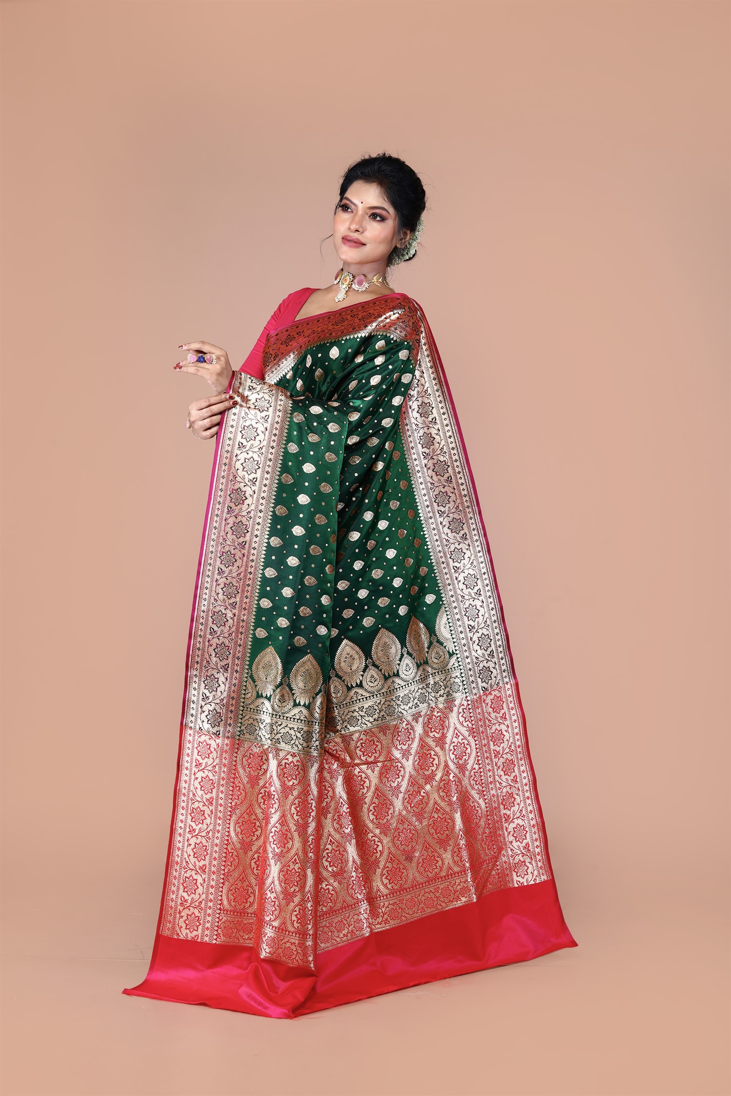 Green-Red Banarasi Blended Silk Saree with Zari work