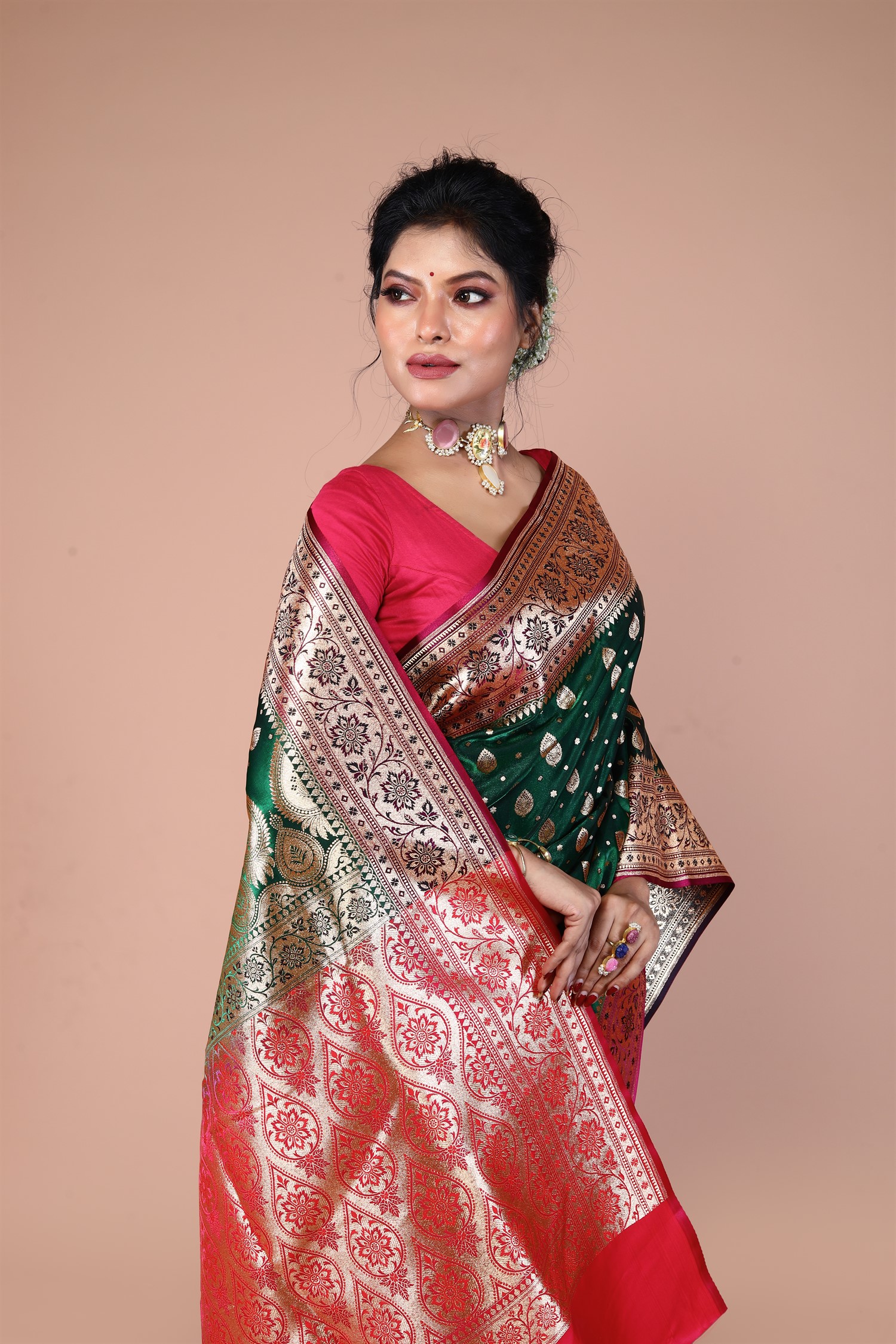 Green-Red Banarasi Blended Silk Saree with Zari work