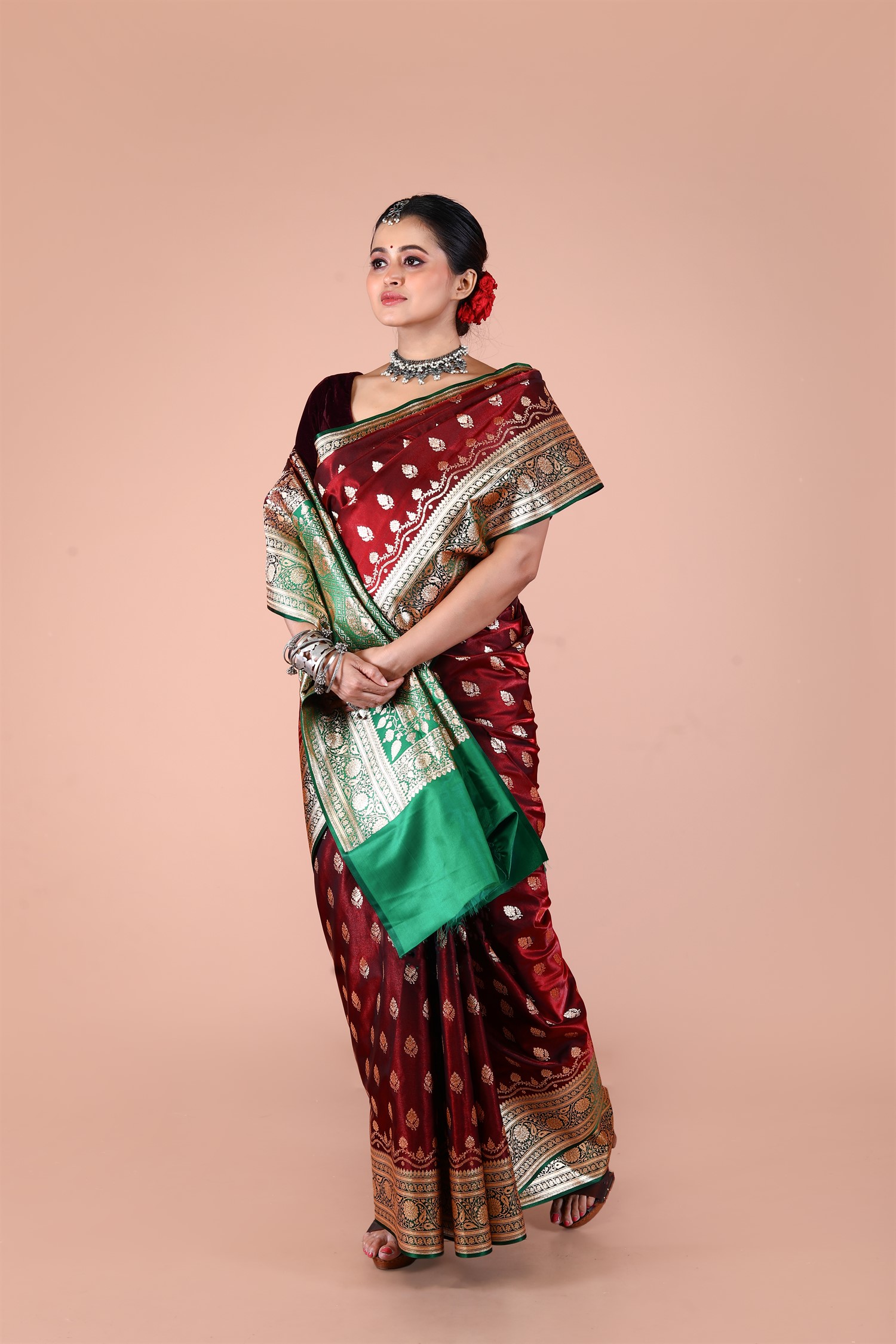 Magenta-Green Banarasi Blended Silk Saree with Zari work