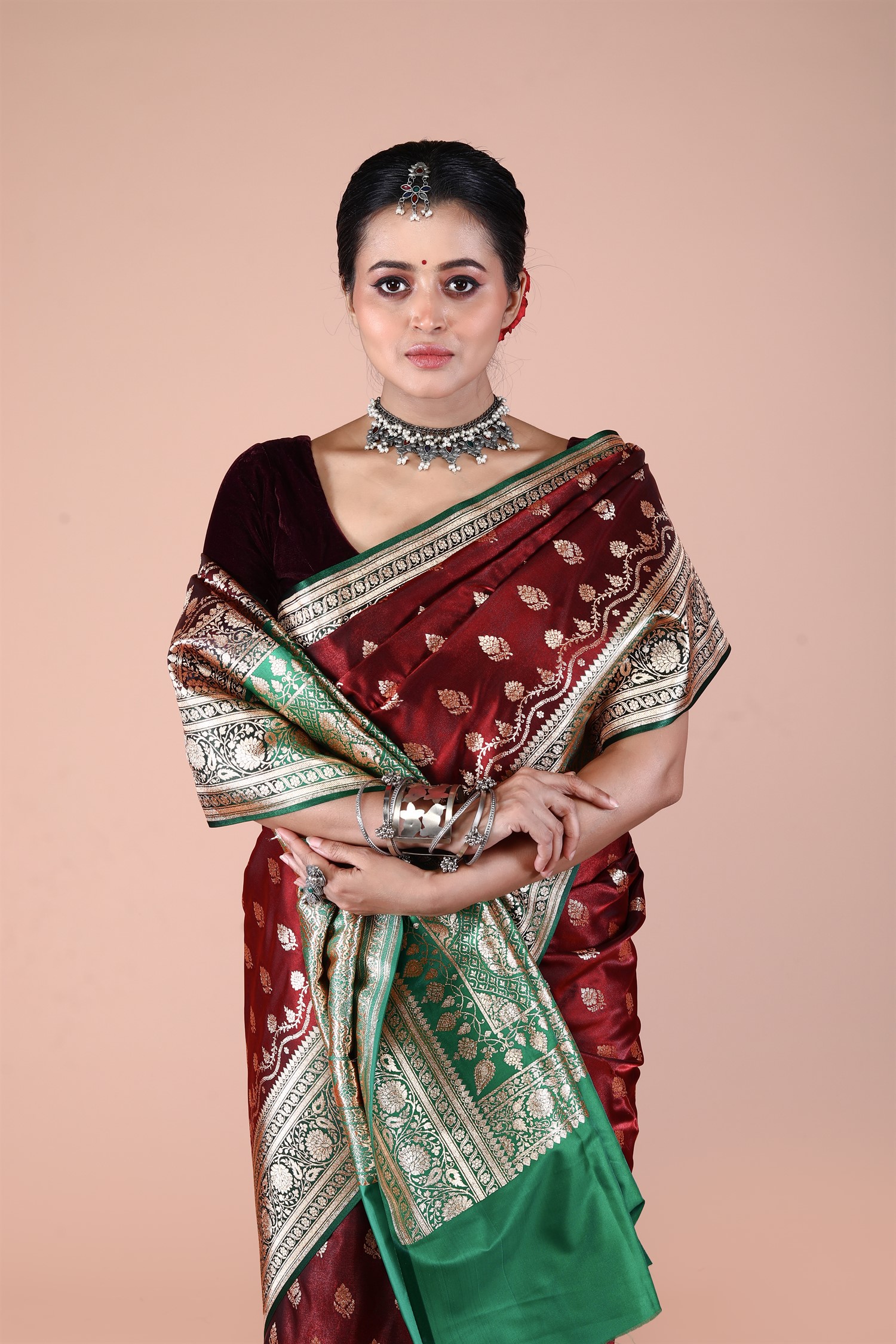 Magenta-Green Banarasi Blended Silk Saree with Zari work