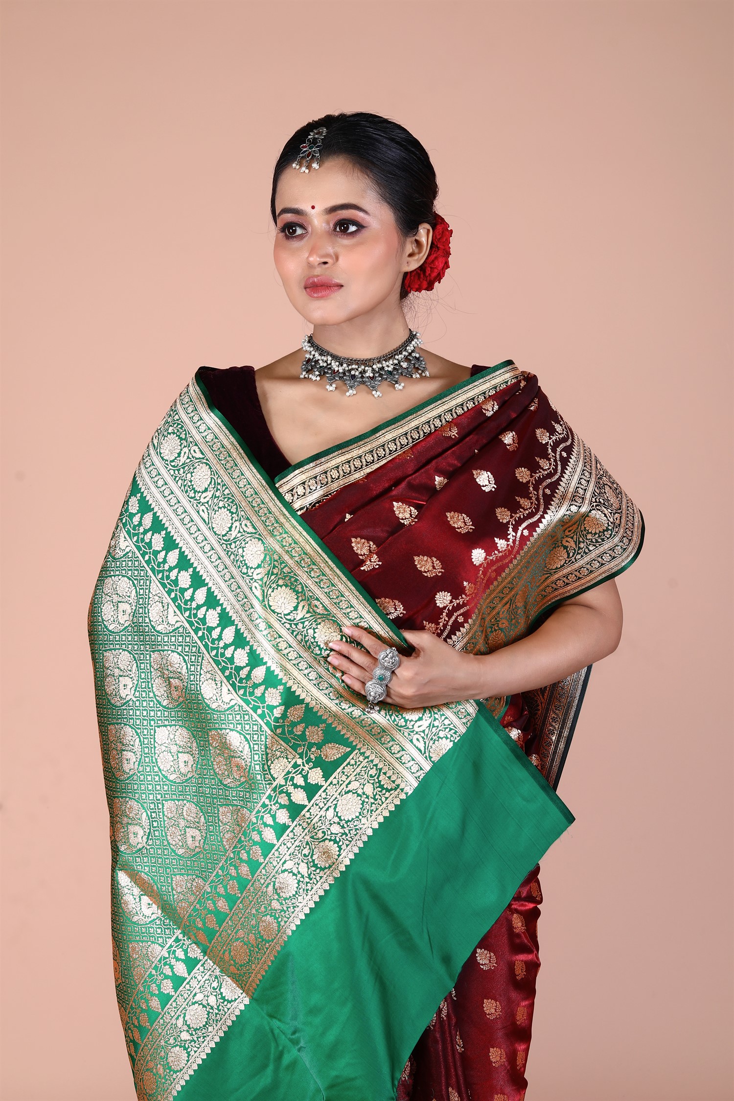 Magenta-Green Banarasi Blended Silk Saree with Zari work