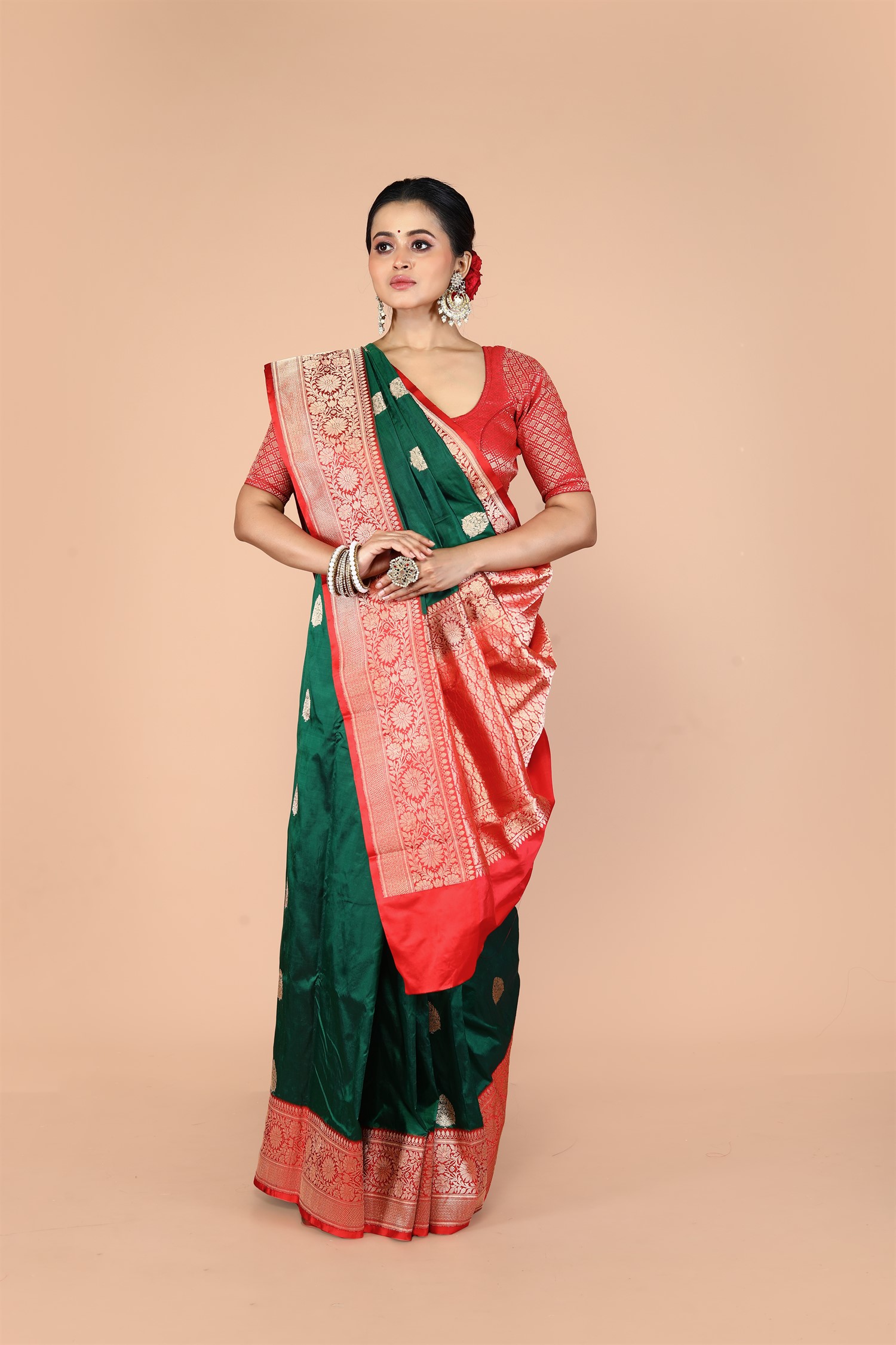 Bottle Green-Red Pure Katan Silk Banarasi Handloom Saree with Zari work