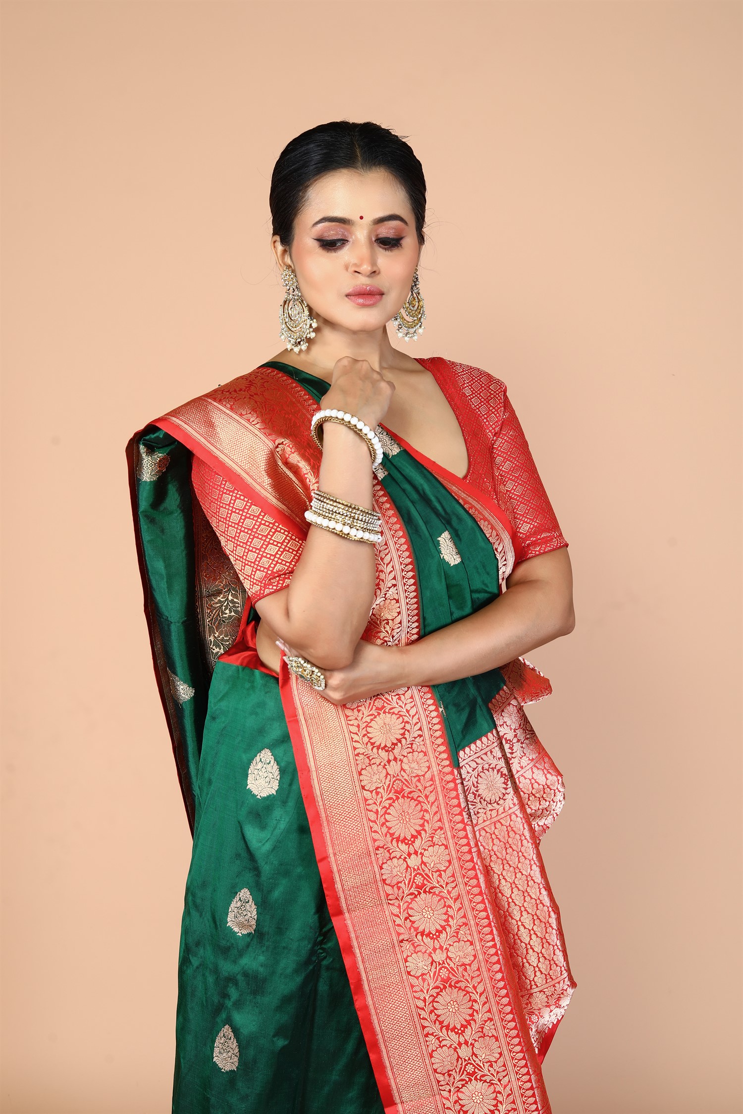 Bottle Green-Red Pure Katan Silk Banarasi Handloom Saree with Zari work