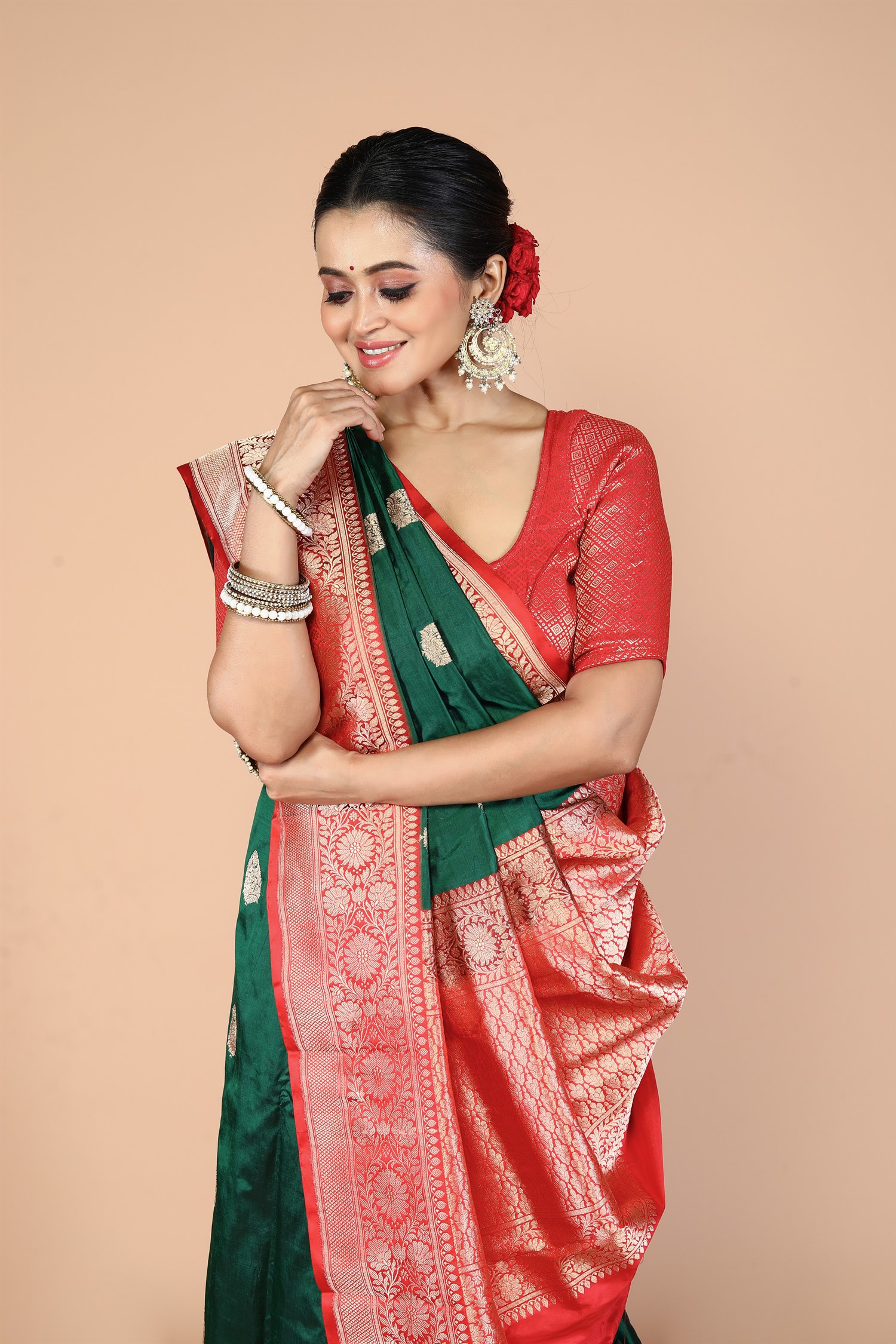 Bottle Green-Red Pure Katan Silk Banarasi Handloom Saree with Zari work