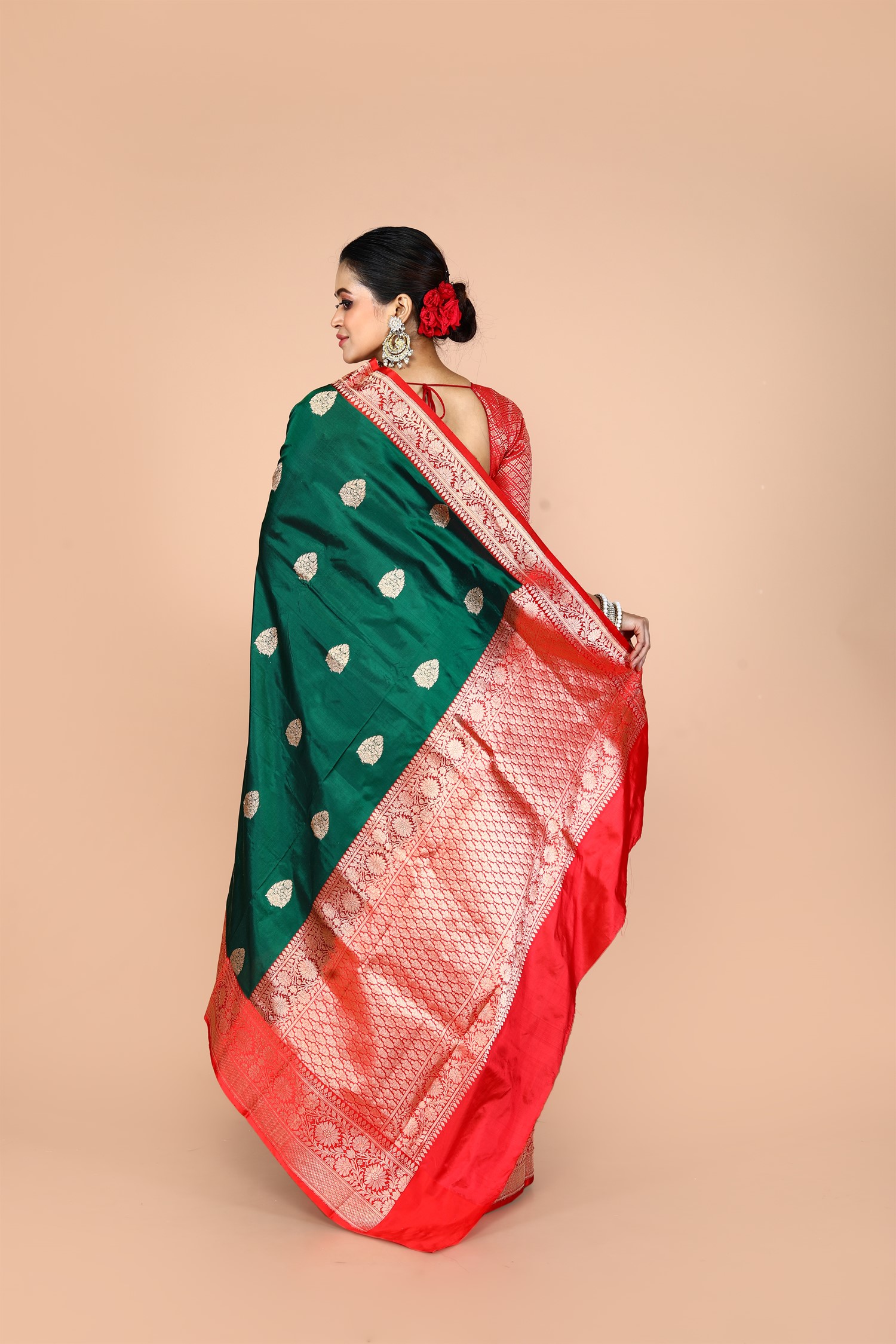 Bottle Green-Red Pure Katan Silk Banarasi Handloom Saree with Zari work