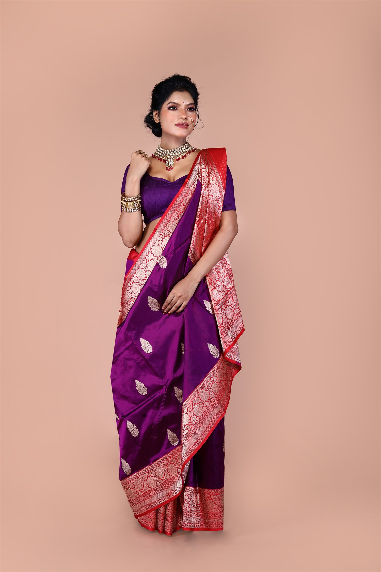 Purple-Red Pure Katan Silk Banarasi Handloom Saree with Zari work