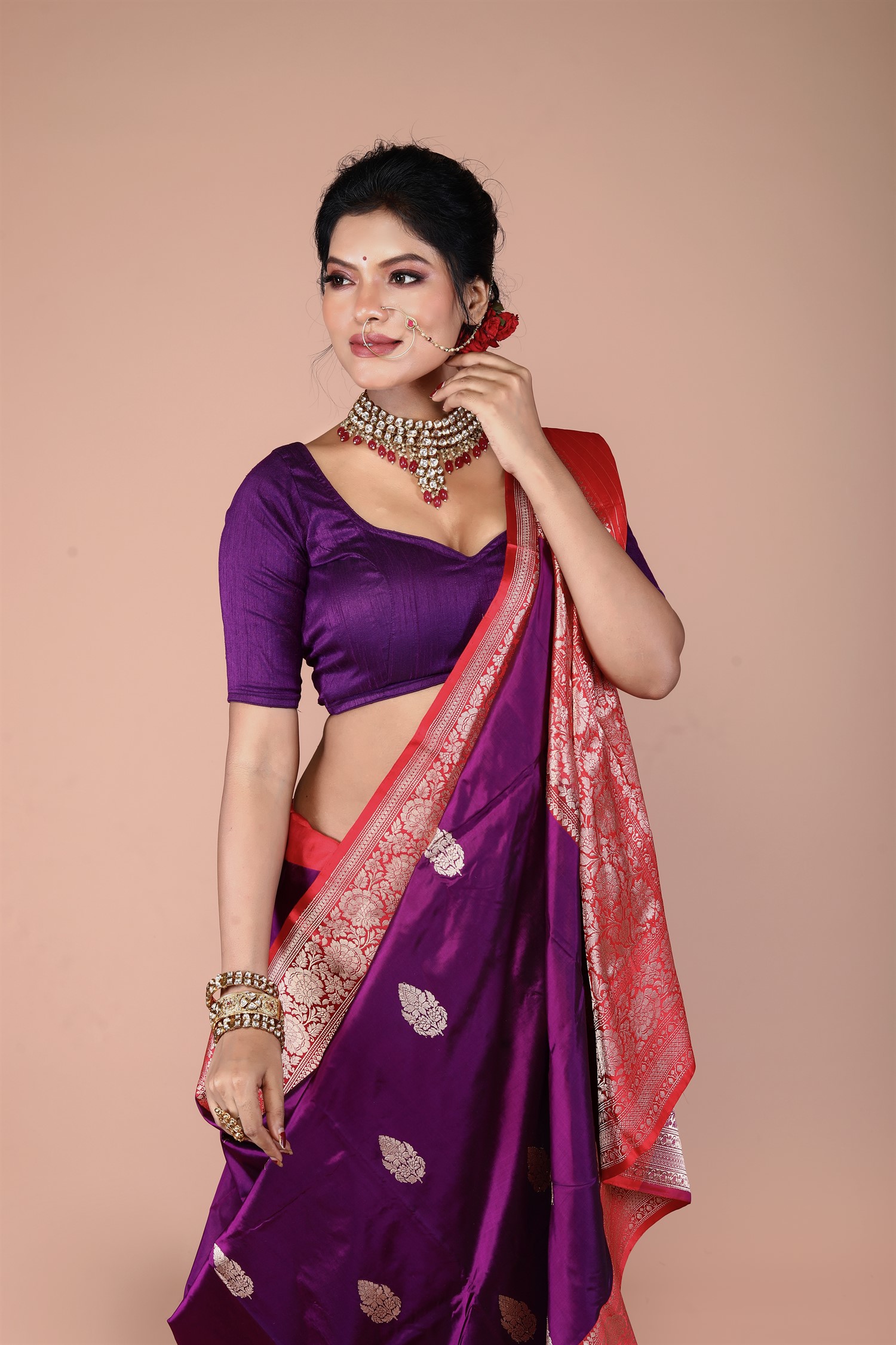 Purple-Red Pure Katan Silk Banarasi Handloom Saree with Zari work