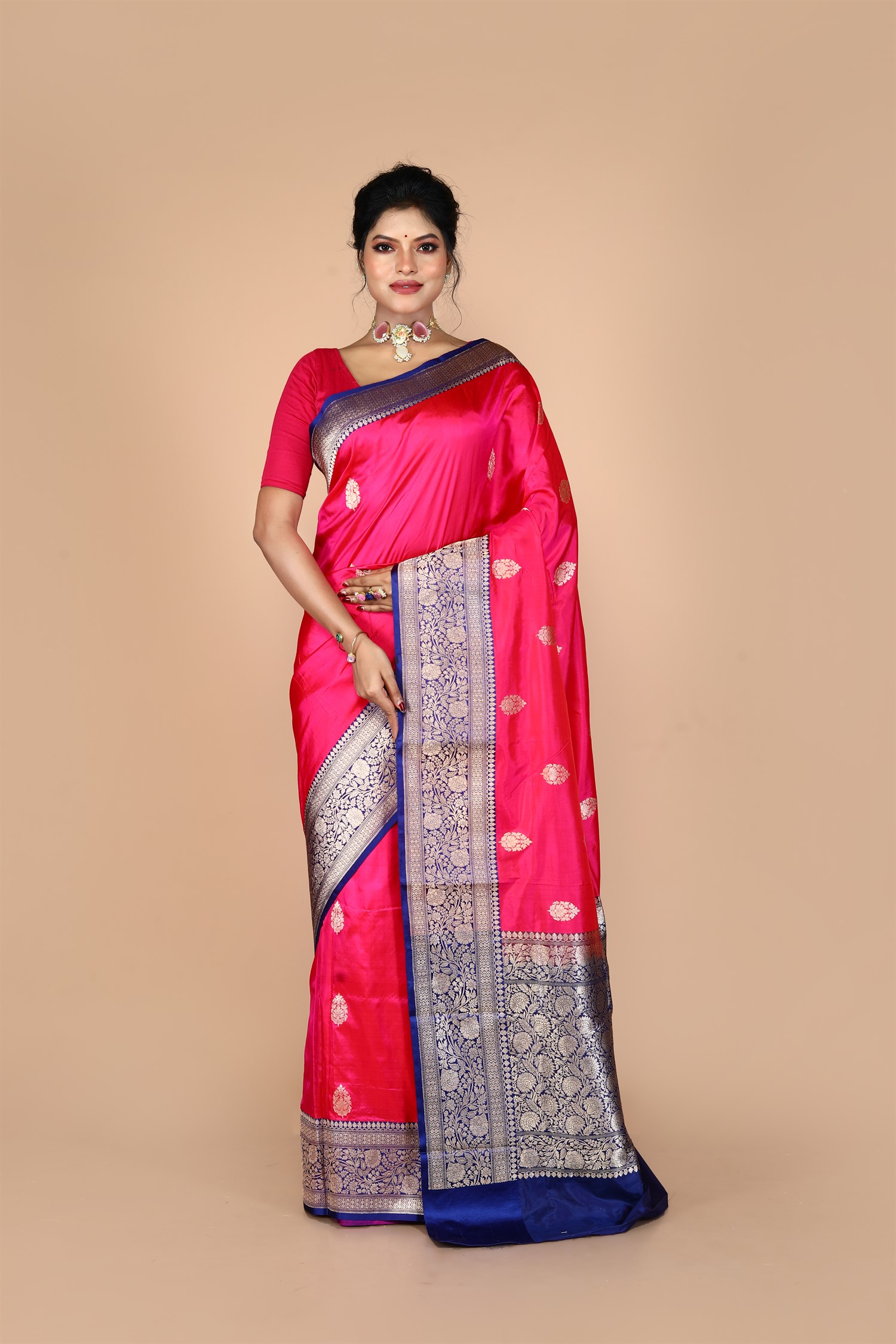 Pink-Navy Blue Pure Katan Silk Banarasi Handloom Saree with Zari work