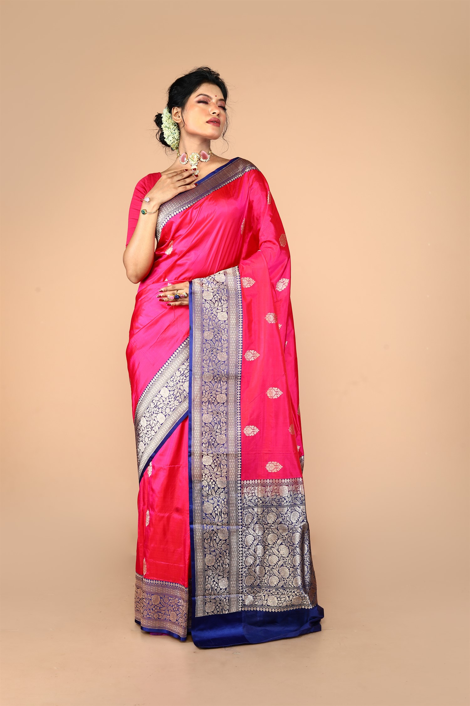 Pink-Navy Blue Pure Katan Silk Banarasi Handloom Saree with Zari work