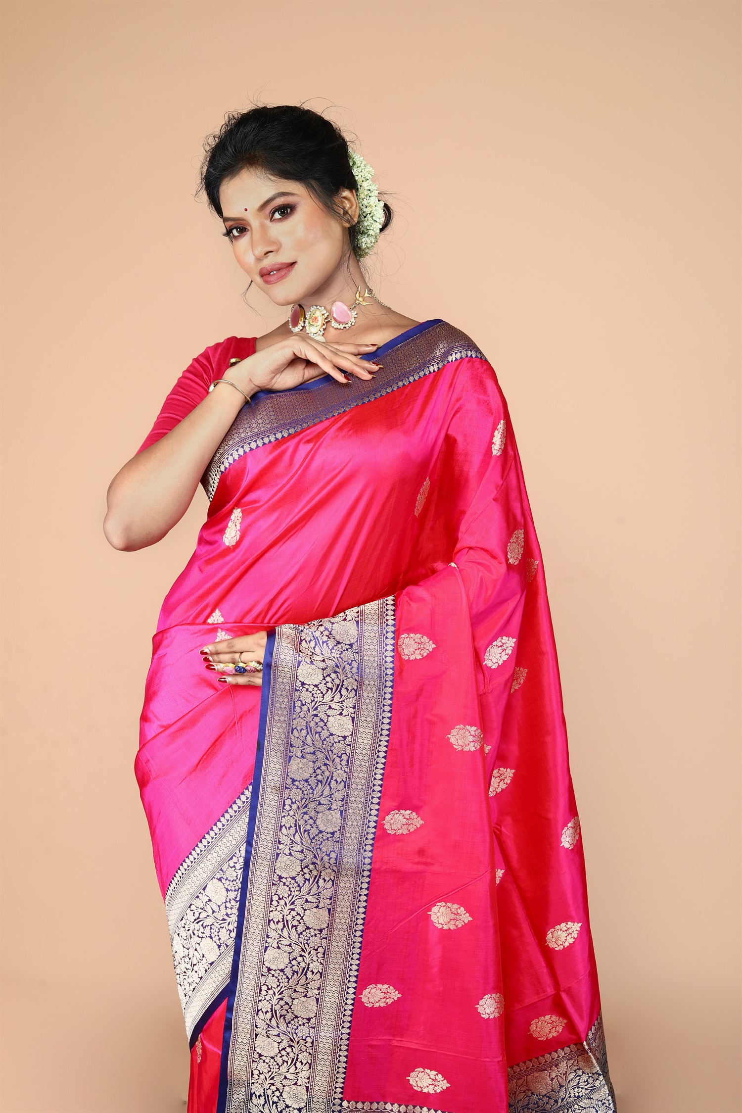 Pink-Navy Blue Pure Katan Silk Banarasi Handloom Saree with Zari work