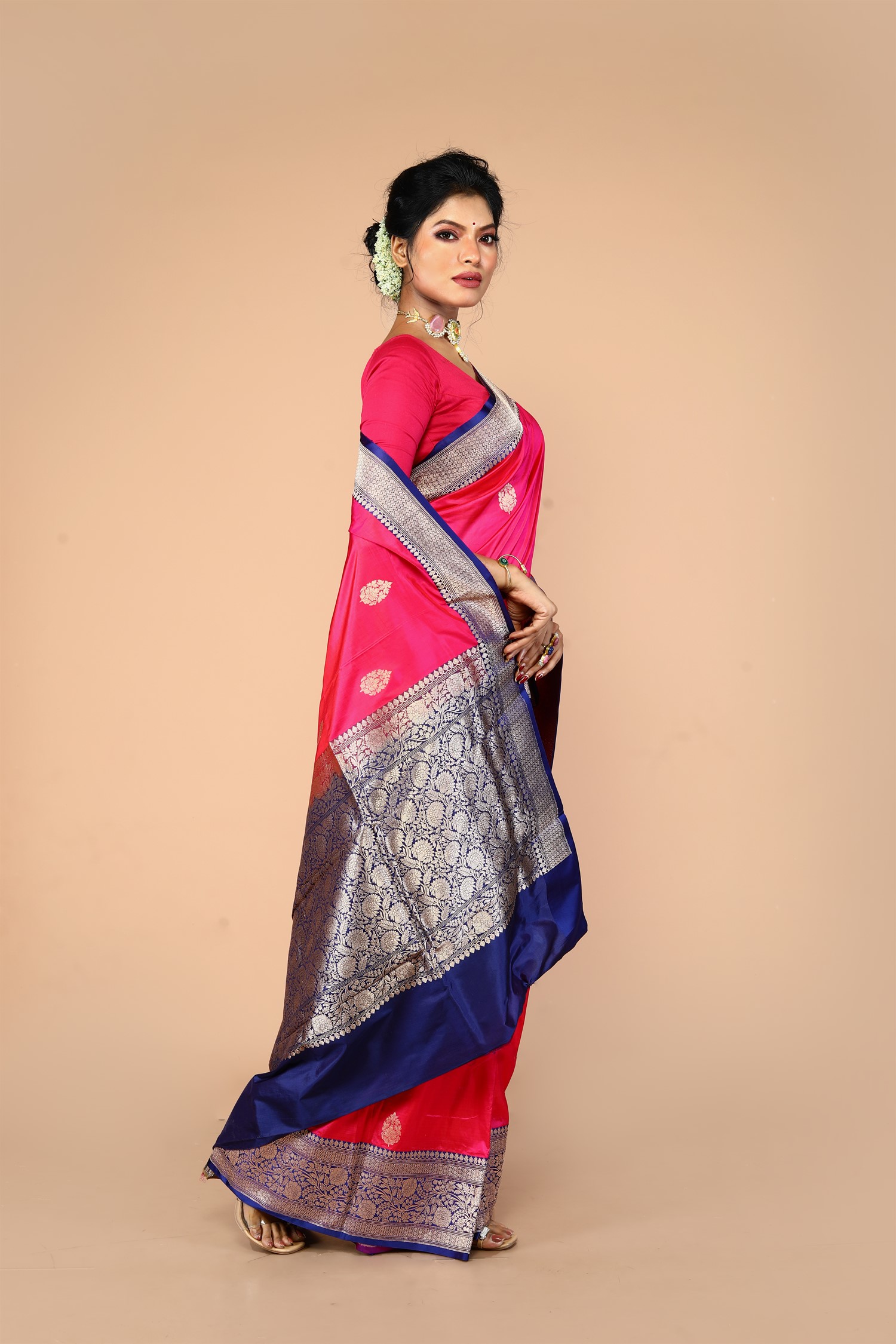 Pink-Navy Blue Pure Katan Silk Banarasi Handloom Saree with Zari work