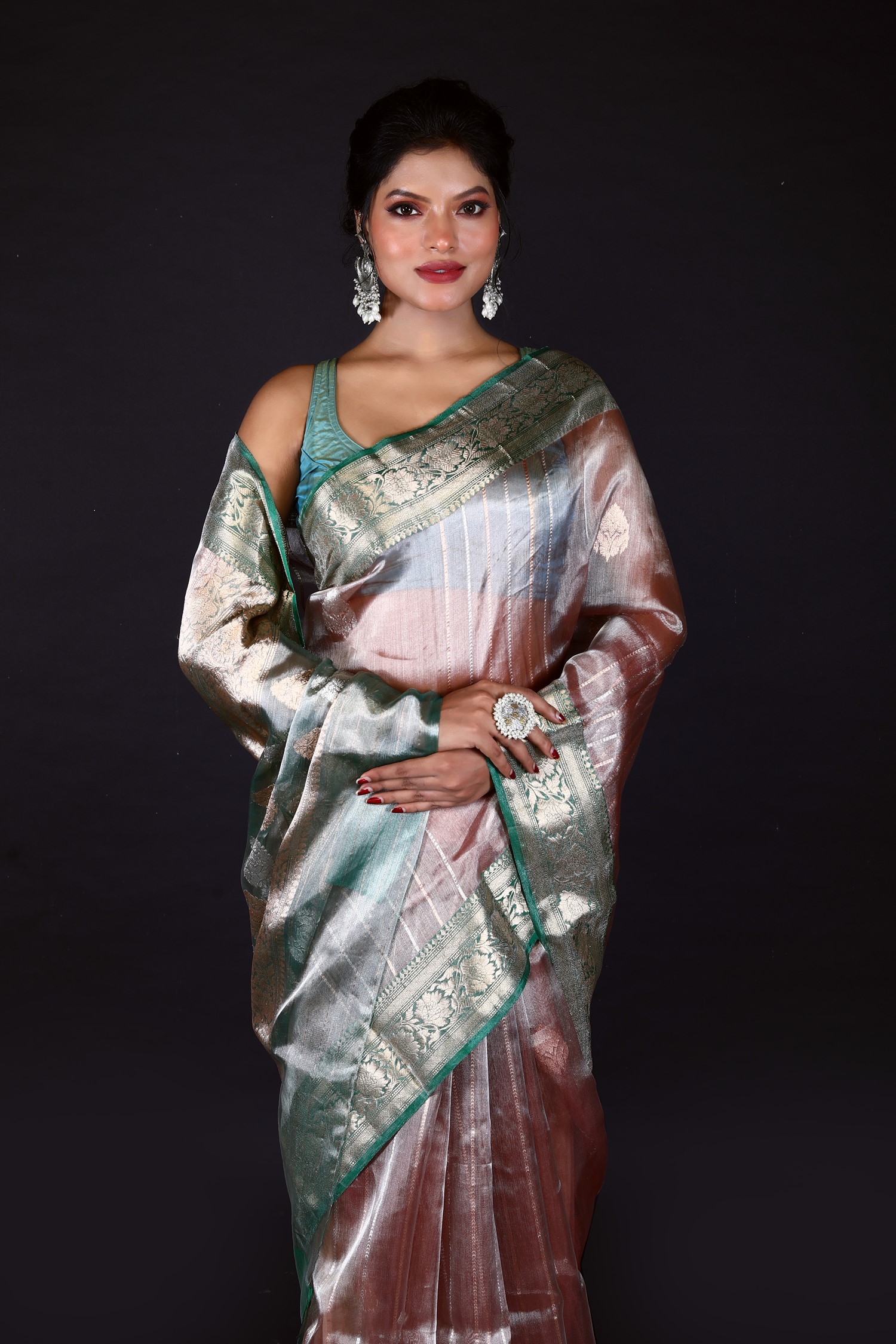 Pink-Green Pure Tissue Silk Banarasi Handloom Saree with Zari work