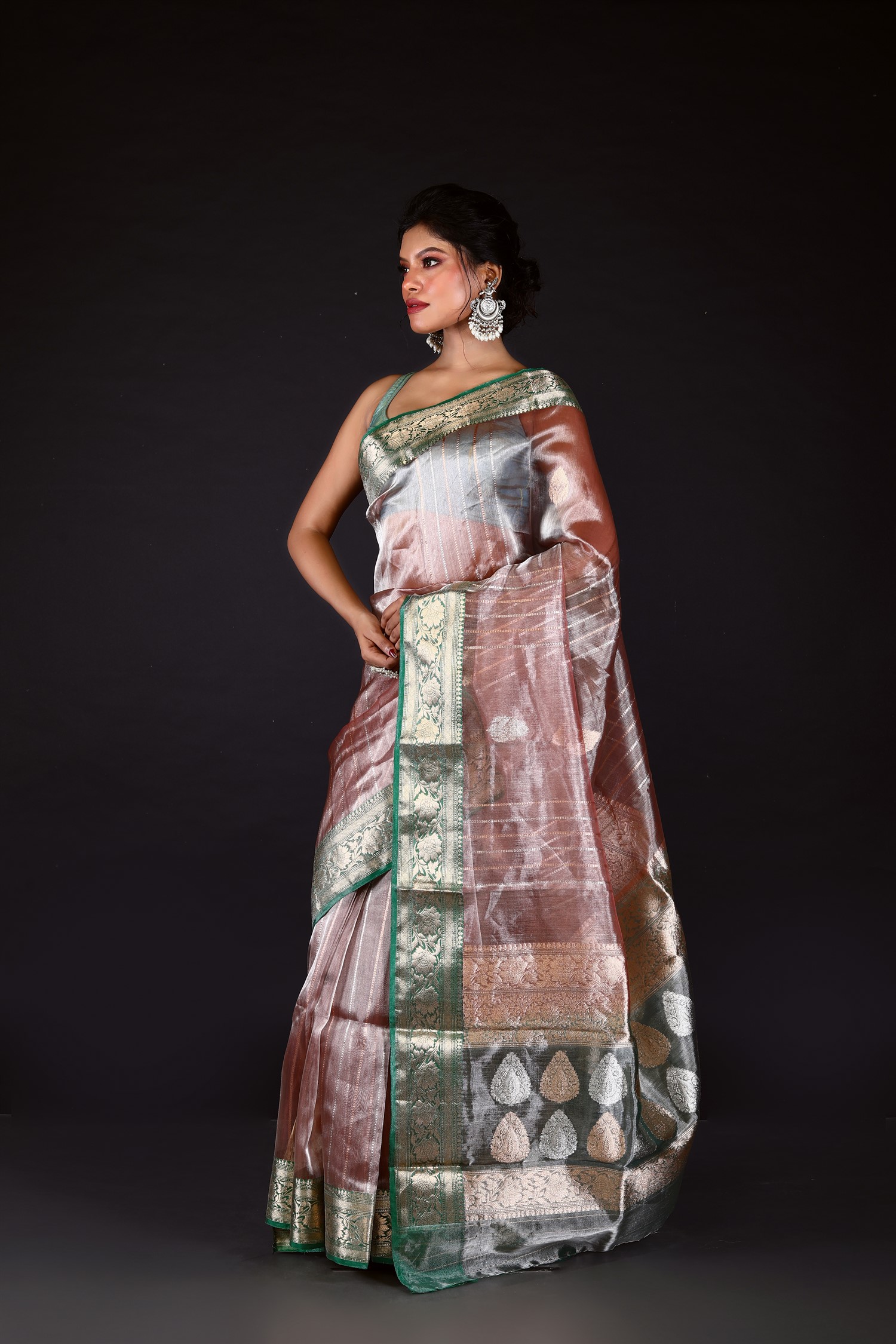 Pink-Green Pure Tissue Silk Banarasi Handloom Saree with Zari work