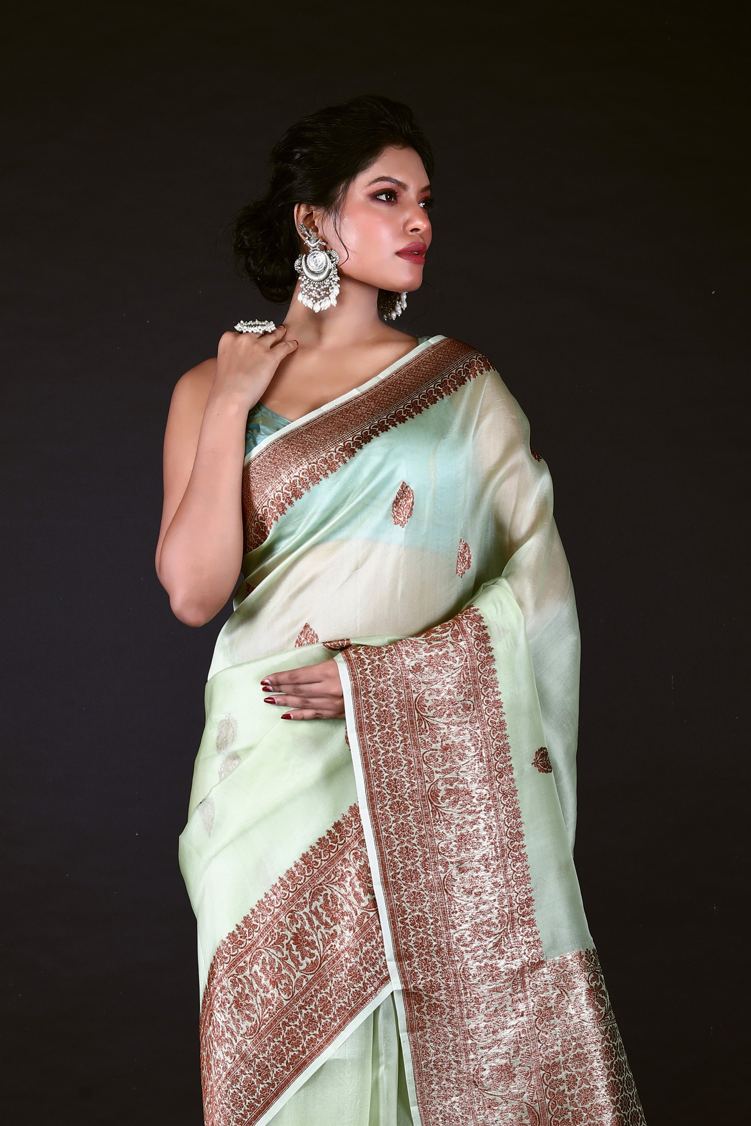 Pestle Green Pure Organza Silk Banarasi Handloom Saree with Zari work