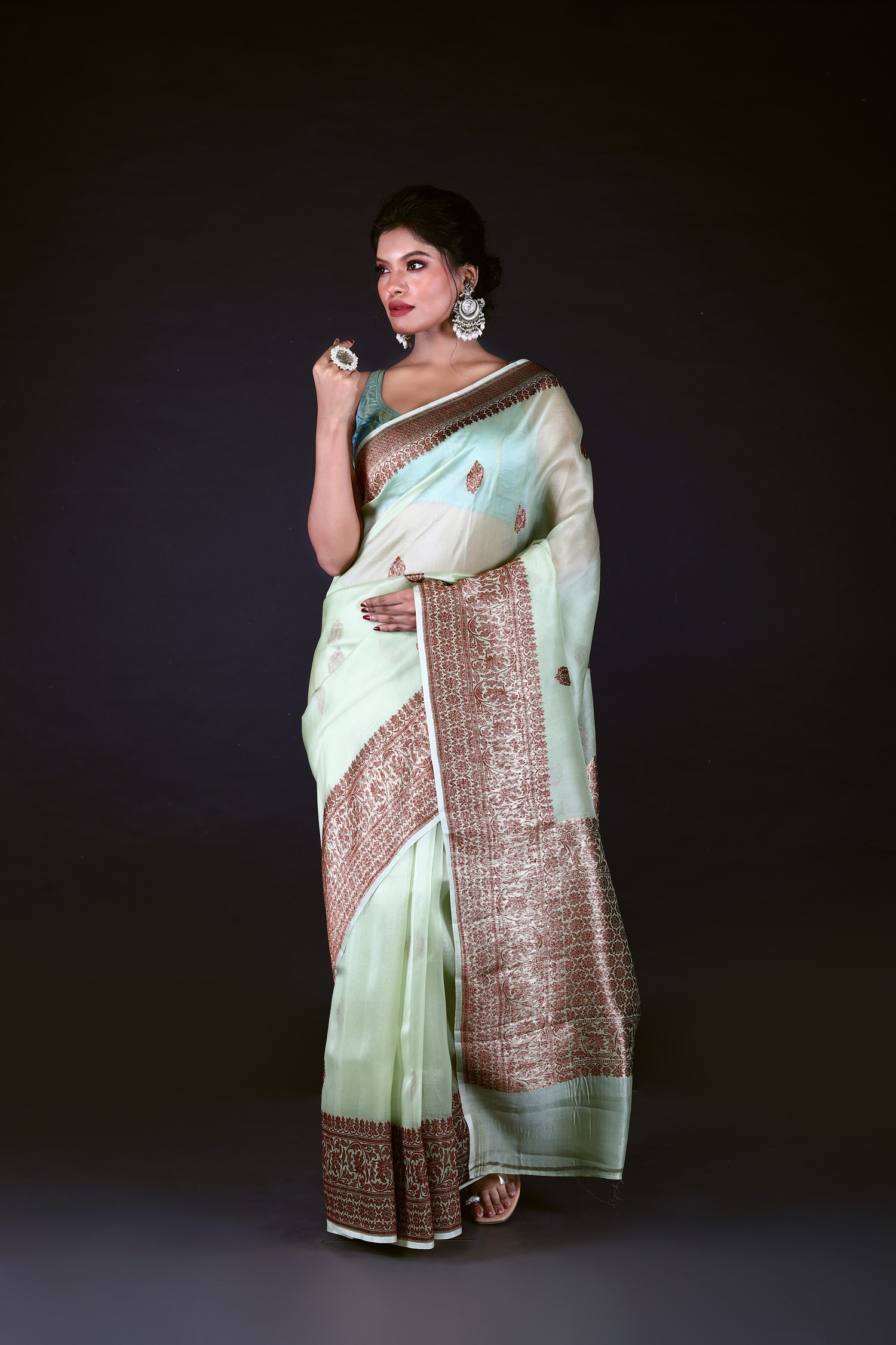 Pestle Green Pure Organza Silk Banarasi Handloom Saree with Zari work