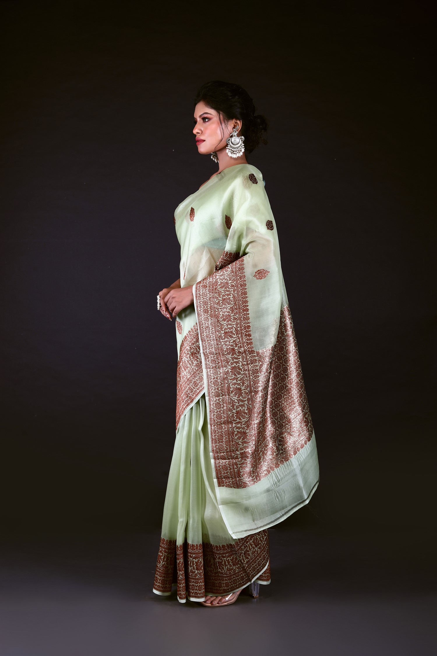 Pestle Green Pure Organza Silk Banarasi Handloom Saree with Zari work