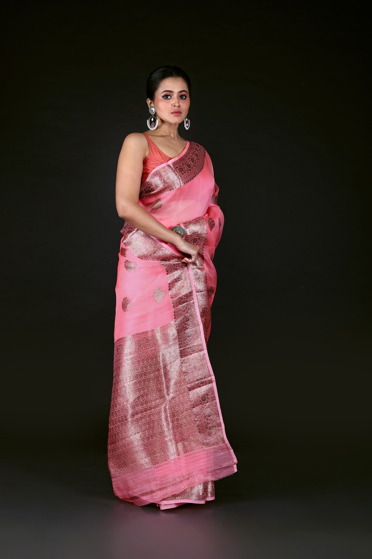Pink Pure Organza Silk Banarasi Handloom Saree with Zari work