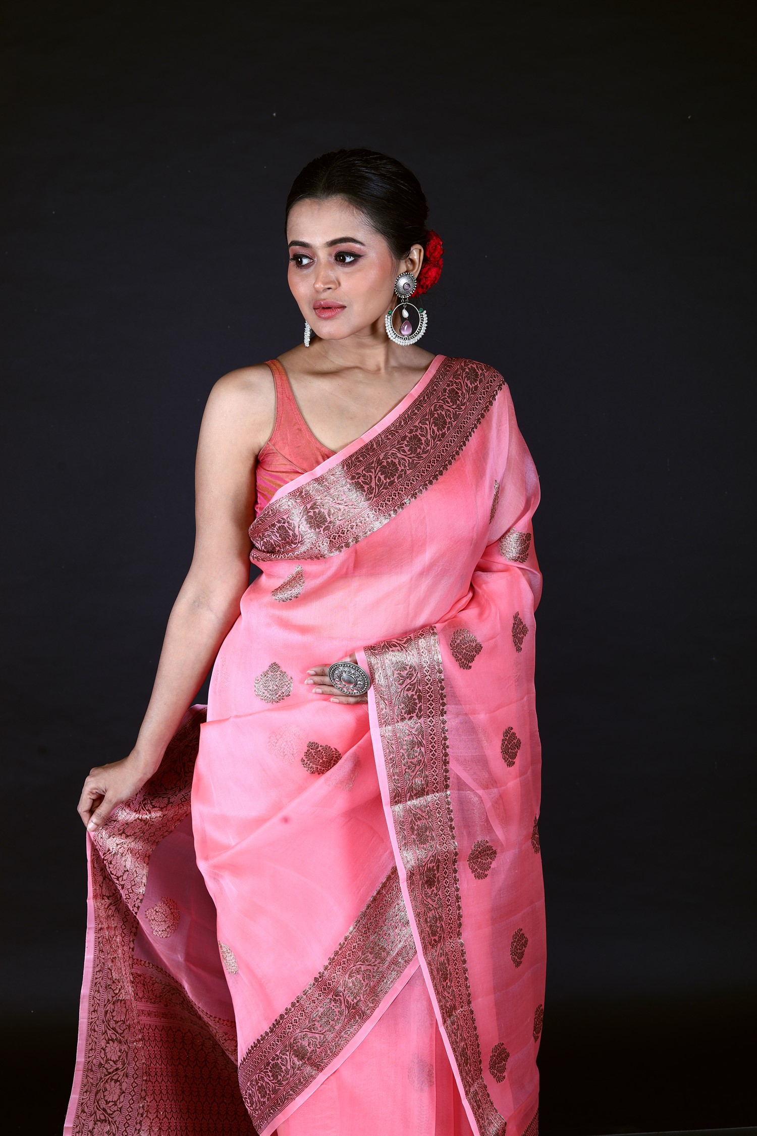 Pink Pure Organza Silk Banarasi Handloom Saree with Zari work