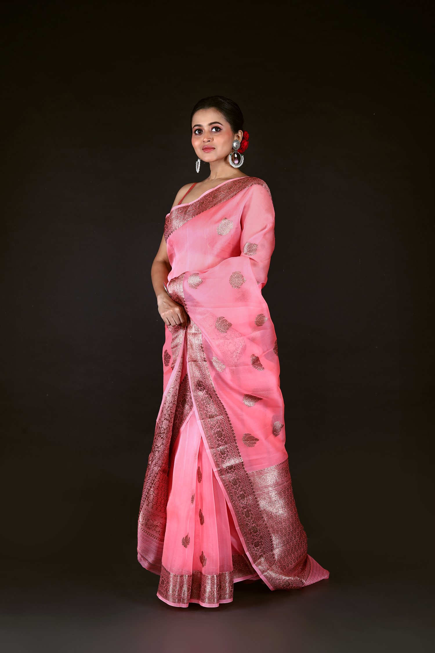 Pink Pure Organza Silk Banarasi Handloom Saree with Zari work